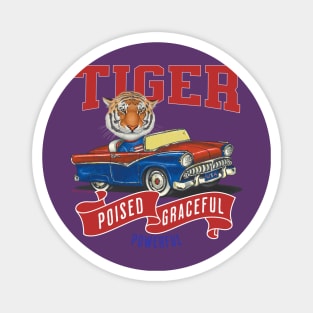 Humor Funny and Cute Tiger in a vintage car driving to a retro parade with red white and blue flags Magnet